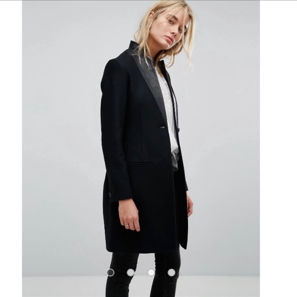 ALLSAINTS - Black Wool Coat - Leather Trim Lapel - size 6